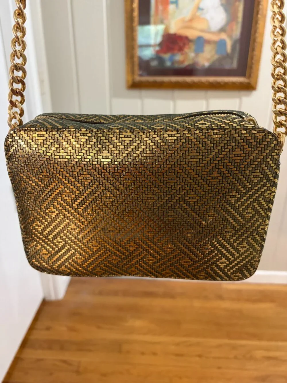 Michael Kors Ginny Camera Bag Metallic Gold Woven Crossbody
